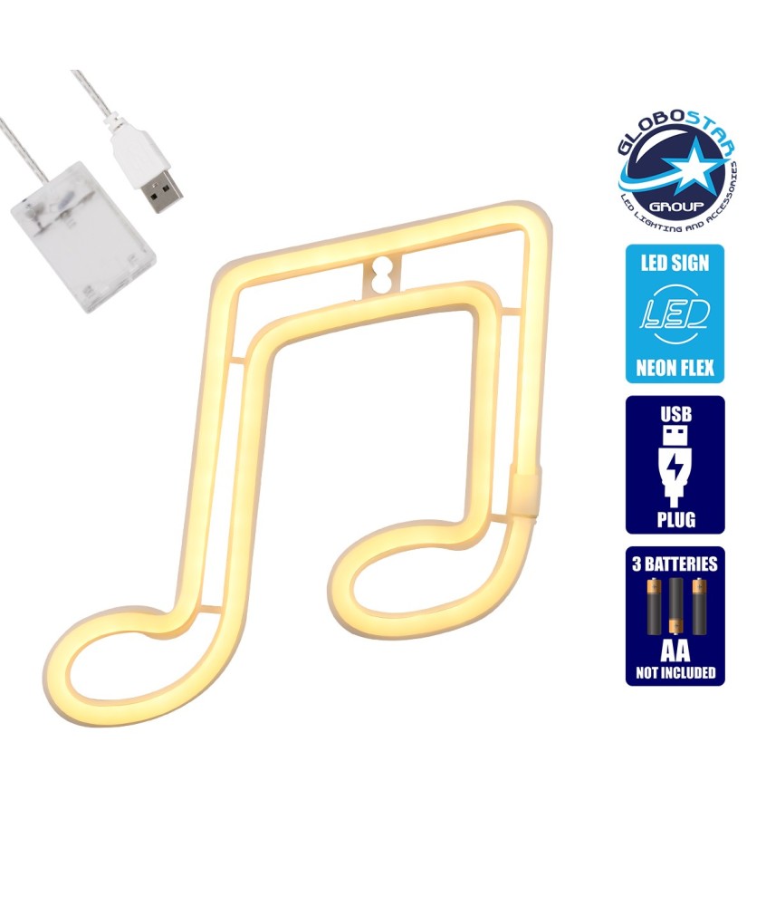 GloboStar® 78568 Φωτιστικό Ταμπέλα Φωτεινή Επιγραφή NEON LED Σήμανσης MUSIC NOTE 5W με Καλώδιο Τροφοδοσίας USB - Μπαταρίας 3xAAA (Δεν Περιλαμβάνονται) - Θερμό Λευκό 2700K